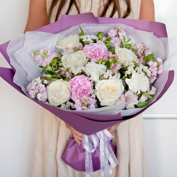 Alstromeria white, soft pink - 5, White rose 50 cm - 5, Carnation white, cream - 3, Pink Matthiola - 5, Pink carnation - 2, Pistachio, Wrapping Paper, White statice