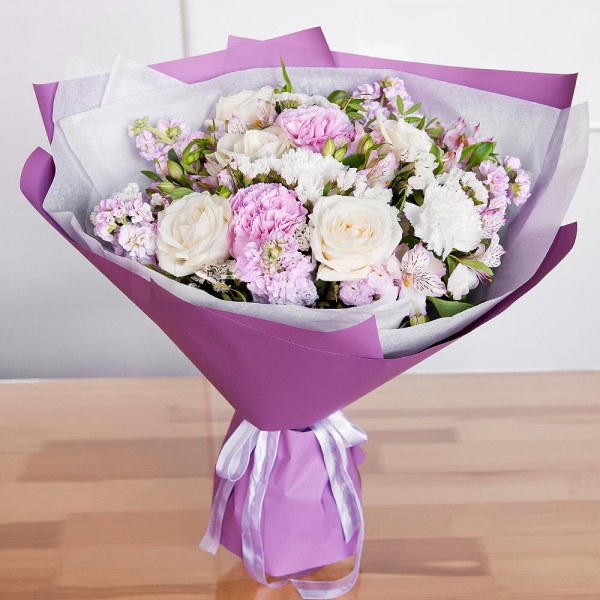 Alstromeria white, soft pink - 5, White rose 50 cm - 5, Carnation white, cream - 3, Pink Matthiola - 5, Pink carnation - 2, Pistachio, Wrapping Paper, White statice