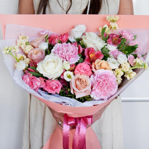 Rose Cream 50 cm - 5, White rose 50 cm - 3, lisianthus - 2, Pink carnation - 5, Alstromeria white, soft pink - 4, Spray rose: white, cream, light pink 50 cm - 2, White Matthiola - 5, Pink spray carnation - 3, Pistachio, Wrapping Paper