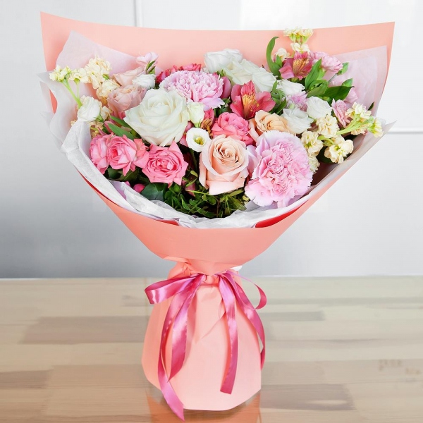 Rose Cream 50 cm - 5, White rose 50 cm - 3, lisianthus - 2, Pink carnation - 5, Alstromeria white, soft pink - 4, Spray rose: white, cream, light pink 50 cm - 2, White Matthiola - 5, Pink spray carnation - 3, Pistachio, Wrapping Paper