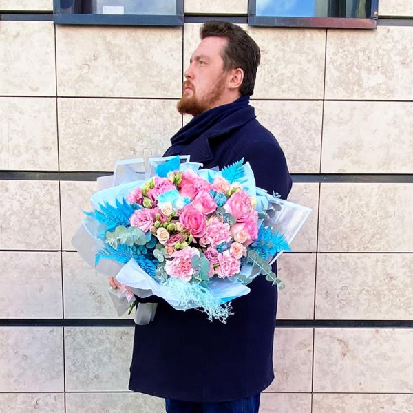 Pink rose 50 cm - 7, Bright pink spray rose mix, 50 cm - 5, Pink Lisianthus (Eustoma) - 5, Blue carnation - 4, Pink carnation - 5, Eucalyptus Cinerea, Wrapping Paper, Fern (1 pc.)