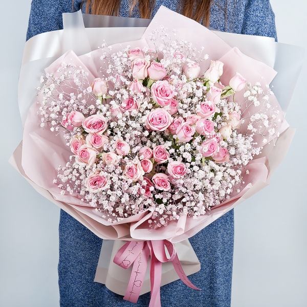 Bright pink spray rose mix, 50 cm - 5, Colored gypsophila - 5, Wrapping Paper
