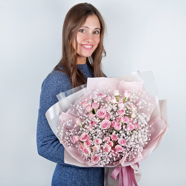 Bright pink spray rose mix, 50 cm - 5, Colored gypsophila - 5, Wrapping Paper