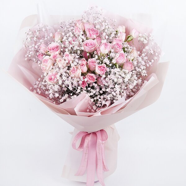 Bright pink spray rose mix, 50 cm - 5, Colored gypsophila - 5, Wrapping Paper