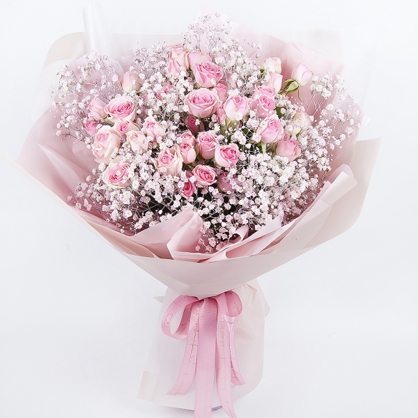 Bright pink spray rose mix, 50 cm - 9, Colored gypsophila - 9, Wrapping Paper