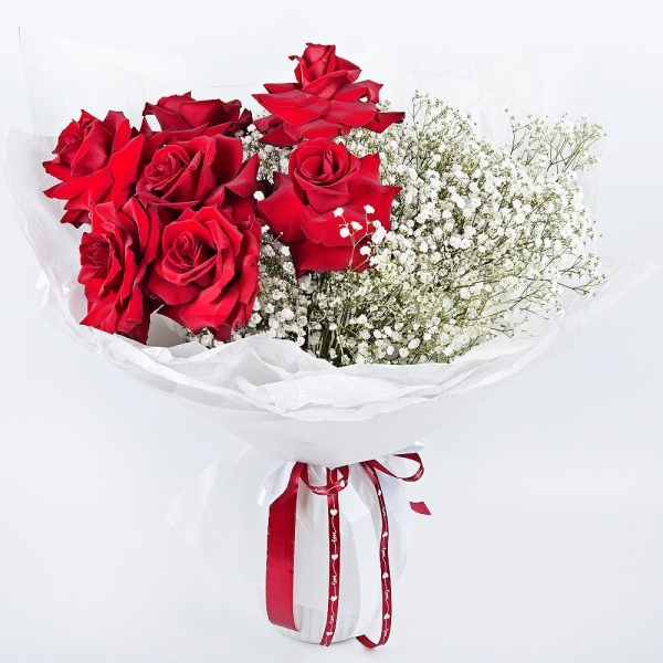Rose Red 50 cm Ecuador - 7, Gypsophila - 5, Wrapping Paper, Ribbon