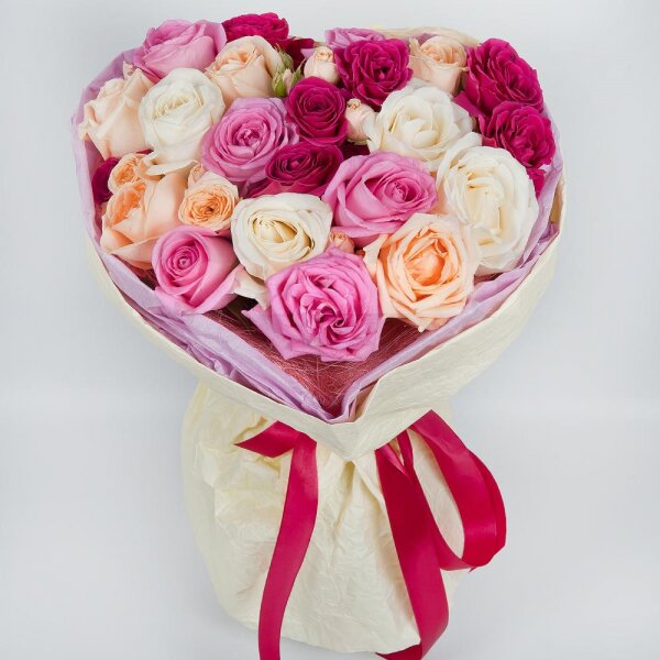 Bright pink spray rose mix, 50 cm - 2, Pink rose 50 cm - 6, White rose 50 cm - 4, Rose Cream 50 cm - 5, Spray rose: white, cream, light pink 50 cm - 1, Wrapping Paper, Bouquet frame structure