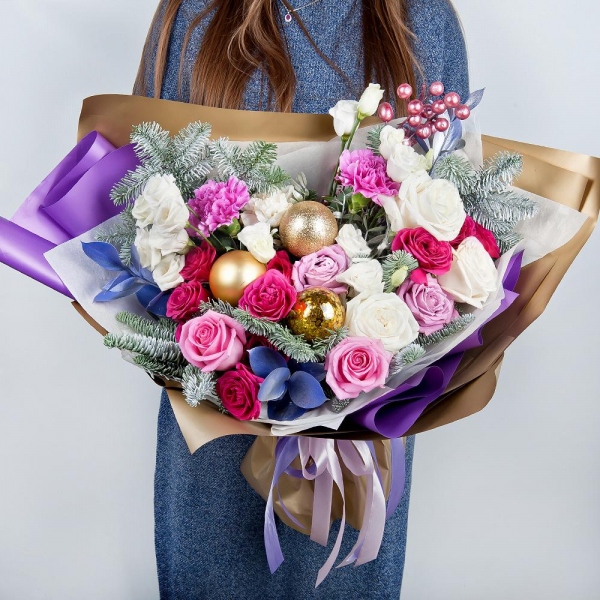 White rose 50 cm - 3, Pink rose 50 cm - 6, Pink carnation - 3, Bright pink spray rose mix, 50 cm - 3, lisianthus - 2, Carnation white, cream - 2, Spruce branches (1pc.), Pistachio, Ruscus, Christmas decor (set), Decorative element medium, Wrapping Paper