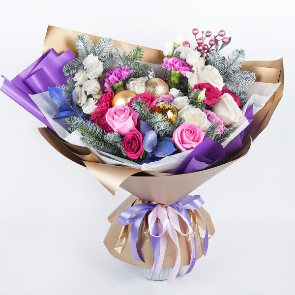 White rose 50 cm - 3, Pink rose 50 cm - 6, Pink carnation - 3, Bright pink spray rose mix, 50 cm - 3, lisianthus - 2, Carnation white, cream - 2, Spruce branches (1pc.), Pistachio, Ruscus, Christmas decor (set), Decorative element medium, Wrapping Paper