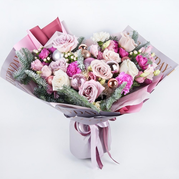 Pink rose 50 cm - 5, Rose Cream 50 cm - 4, White rose 50 cm - 3, Bright pink spray rose mix, 50 cm - 3, Carnation white, cream - 4, Pink Lisianthus (Eustoma) - 4, Pink carnation - 4, Hypericum, Spruce branches (1pc.), Christmas decor (set), Wrapping Paper