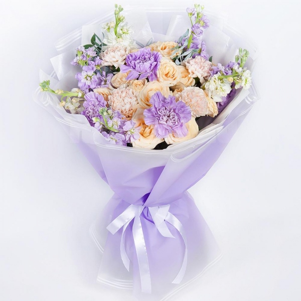 Spray rose: white, cream, light pink 50 cm - 3, Carnation white, cream - 4, Matthiola Lilac - 7, Lilac carnation - 3, Pistachio, Wrapping Paper