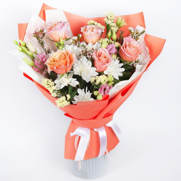 Baltica White Spray Chrysanthemum - 1, Pink Lisianthus (Eustoma) - 1, Peony rose Kahala 50 cm - 5, Waxflower (1 pc.), Yellow Statice, Wrapping Paper