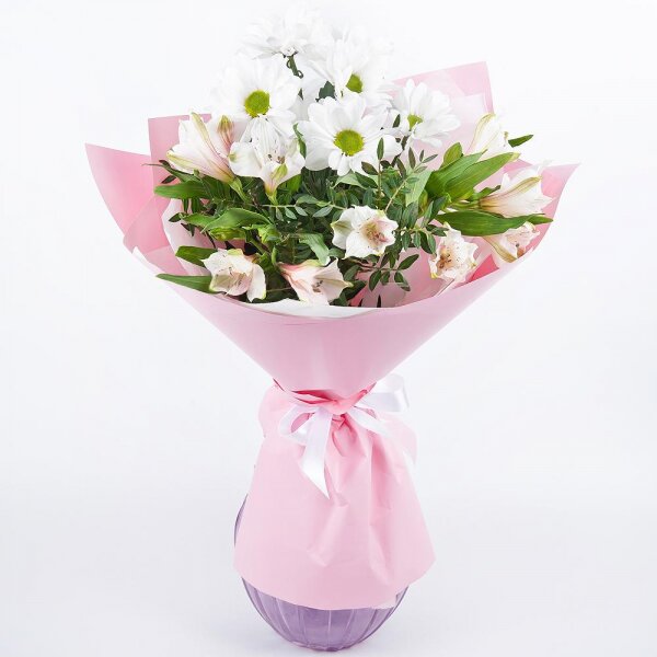 Bacardi White Spray Chrysanthemum - 1, Alstromeria white, soft pink - 2, Pistachio, Wrapping Paper, Ribbon