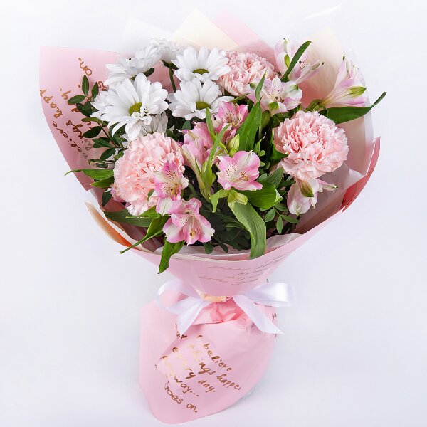 Bacardi White Spray Chrysanthemum - 2, Alstromeria white, soft pink - 3, Pink carnation - 5, Pistachio, Wrapping Paper