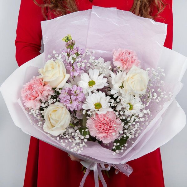 Bacardi White Spray Chrysanthemum - 1, Gypsophila - 1, White rose 50 cm - 3, Pink carnation - 3, Matthiola Lilac - 2, Wrapping Paper