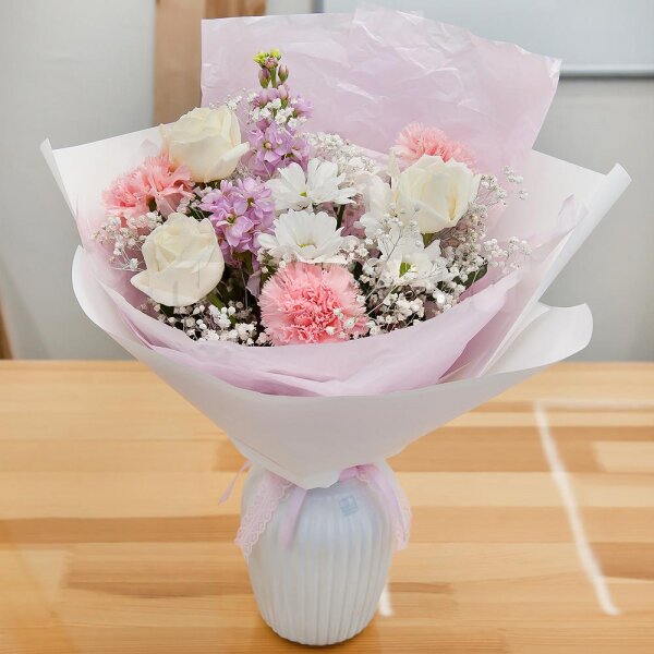 Bacardi White Spray Chrysanthemum - 1, Gypsophila - 1, White rose 50 cm - 3, Pink carnation - 3, Matthiola Lilac - 2, Wrapping Paper