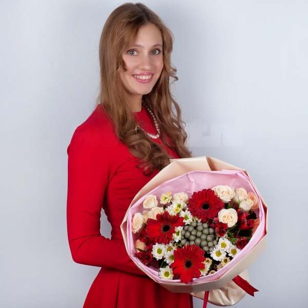 Gerbera red - 3, Santini White Spray Chrysanthemum - 3, Spray rose: white, cream, light pink 50 cm - 2, Alstromeria Red, Bright Pink - 2, Brunia Green Lanuginosa (1 pc.), Wrapping Paper, Ribbon