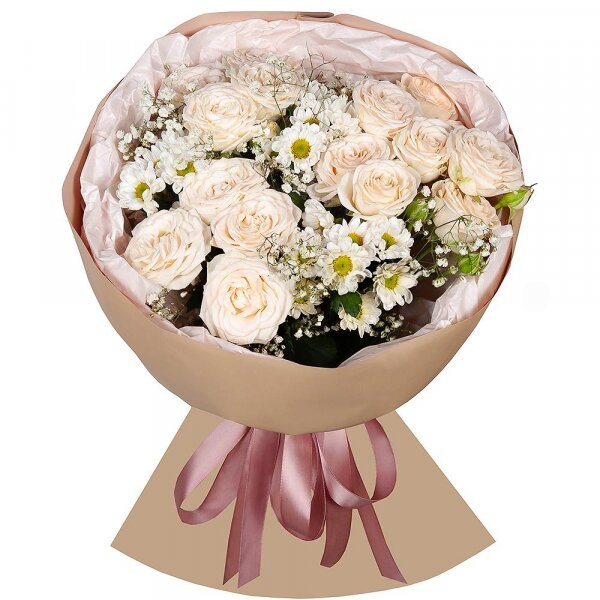 Spray rose: white, cream, light pink 50 cm - 4, Athos poms Stallion - 3, Gypsophila - 2, Wrapping Paper