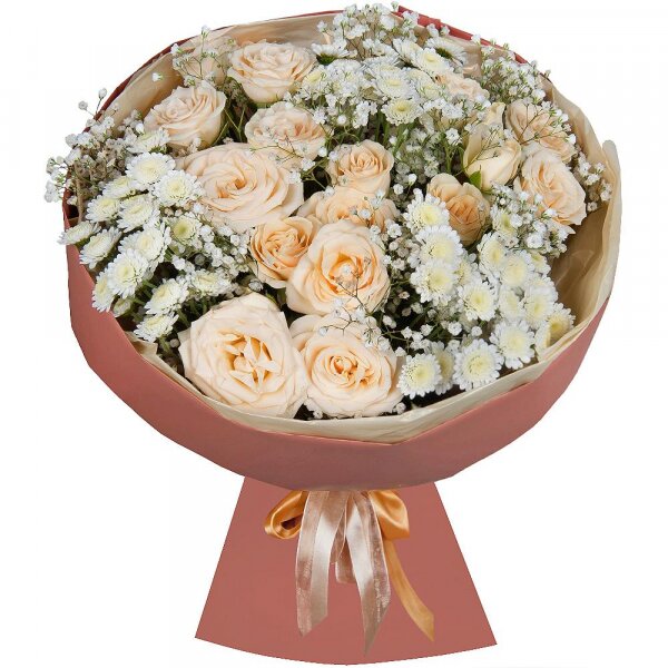 Spray rose: white, cream, light pink 50 cm - 4, Athos poms Stallion - 3, Gypsophila - 2, Wrapping Paper