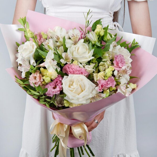White rose 50 cm - 5, Alstromeria white, soft pink - 7, Pink Lisianthus (Eustoma) - 3, Pistachio, Wrapping Paper