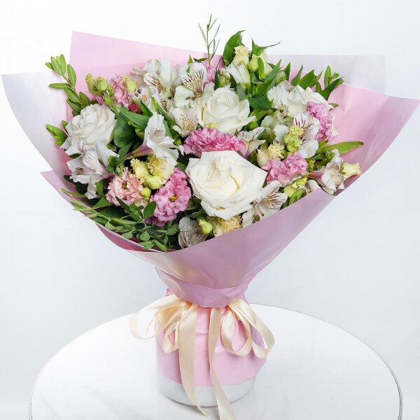 White rose 50 cm - 5, Alstromeria white, soft pink - 7, Pink Lisianthus (Eustoma) - 3, Pistachio, Wrapping Paper