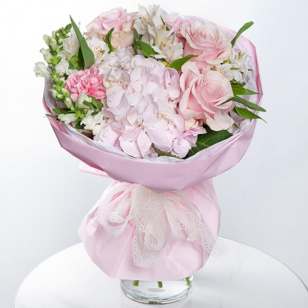 Pink Hydrangea - 1, Alstromeria white, soft pink - 4, White Matthiola - 2, Pink rose 50 cm - 7, Pink carnation - 4, Pistachio, Wrapping Paper