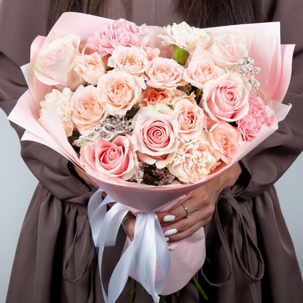 Bright pink spray rose mix, 50 cm - 3, Pink rose 50 cm - 5, Carnation white, cream - 3, Pink carnation - 4, Solidago (1 pc.), Wrapping Paper