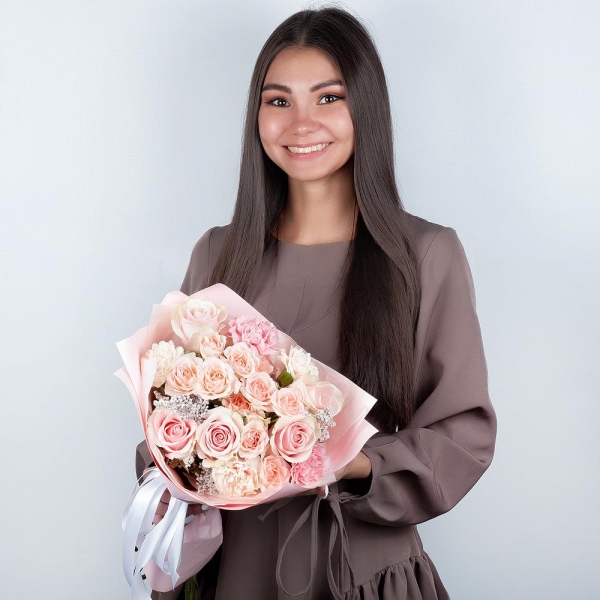 Bright pink spray rose mix, 50 cm - 3, Pink rose 50 cm - 5, Carnation white, cream - 3, Pink carnation - 4, Solidago (1 pc.), Wrapping Paper