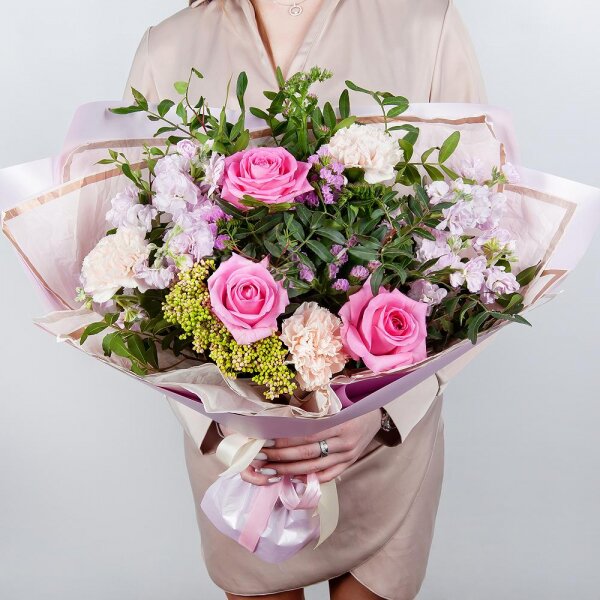 Pink rose 50 cm - 3, Carnation white, cream - 3, Pink Matthiola - 2, Ozotamnus, Pink Statice, Pistachio, Wrapping Paper