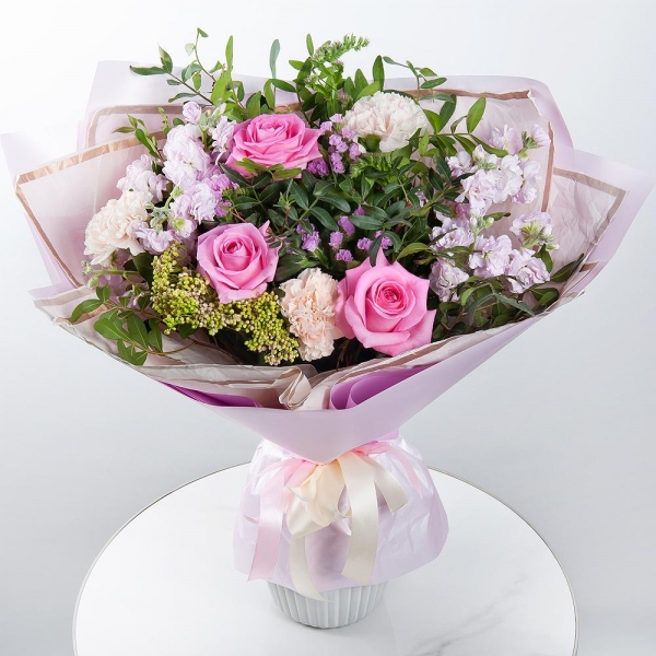 Pink rose 50 cm - 3, Carnation white, cream - 3, Pink Matthiola - 2, Ozotamnus, Pink Statice, Pistachio, Wrapping Paper