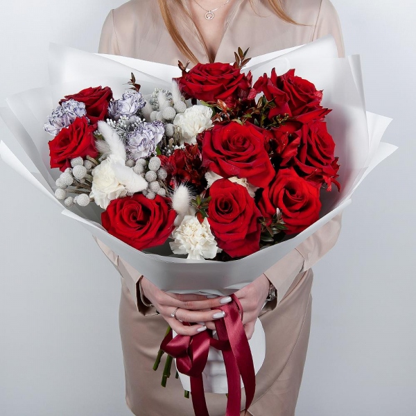 Red rose 50 cm - 9, Alstromeria Red, Bright Pink - 6, Carnation white, cream - 3, Carnation white, cream - 7, Pistachio, Dried flowers in assortment, Solidago (1 pc.), Wrapping Paper, Brunia Green Lanuginosa (1 pc.)