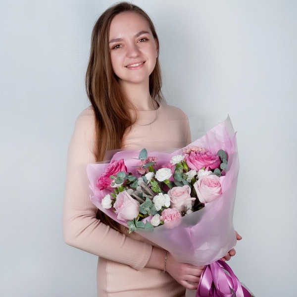 Peony rose pink 'OHara' - 3, Pink rose Country Blues 50 cm - 4, White spray carnation - 4, Pink carnation - 4, Brunia Green Lanuginosa (1 pc.), Eucalyptus, Wrapping Paper
