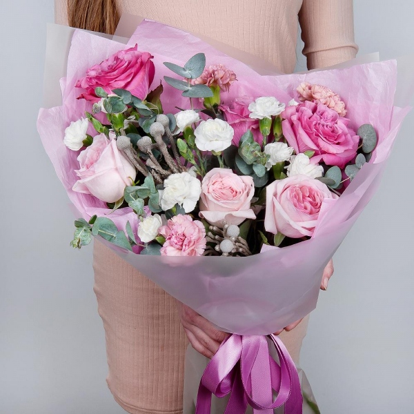 Peony rose pink 'OHara' - 3, Pink rose Country Blues 50 cm - 4, White spray carnation - 4, Pink carnation - 4, Brunia Green Lanuginosa (1 pc.), Eucalyptus, Wrapping Paper