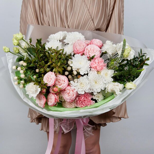 Baltica White Spray Chrysanthemum - 2, Peony sprayrose - 2, lisianthus - 2, Pink carnation - 5, Veronica spray, Hypericum, Pistachio, Wrapping Paper