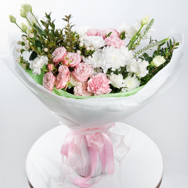 Baltica White Spray Chrysanthemum - 2, Peony sprayrose - 2, lisianthus - 2, Pink carnation - 5, Veronica spray, Hypericum, Pistachio, Wrapping Paper