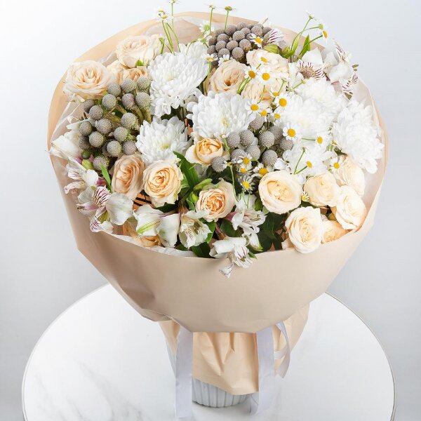 Spray rose: white, cream, light pink 50 cm - 4, Baltica White Spray Chrysanthemum - 2, Alstromeria white, soft pink - 3, Chamomile - 3, Brunia Green Lanuginosa (1 pc.), Wrapping Paper