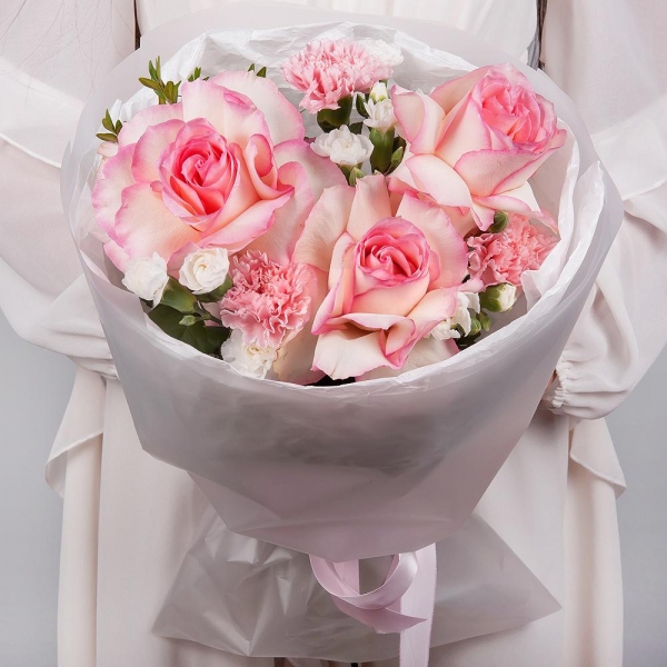 Rose Esperance - 3, Pink carnation - 3, White spray carnation - 3, Wrapping Paper