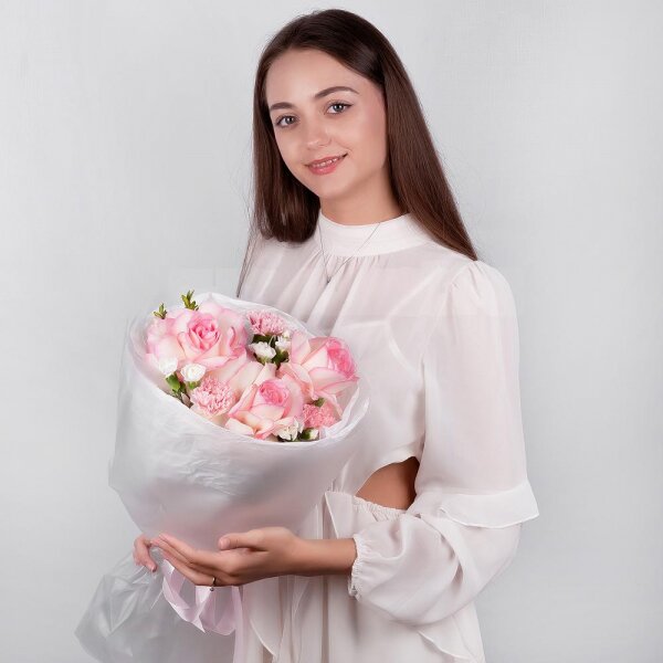Rose Esperance - 3, Pink carnation - 3, White spray carnation - 3, Wrapping Paper