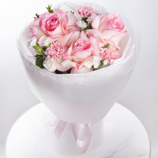 Rose Esperance - 3, Pink carnation - 3, White spray carnation - 3, Wrapping Paper