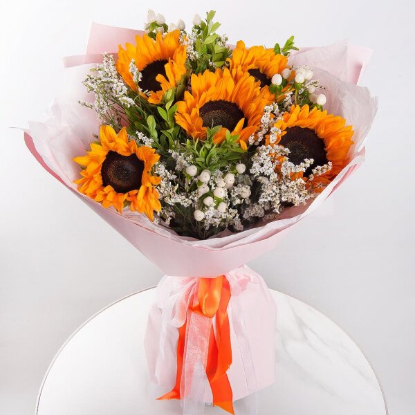 Sunflower - 5, Hypericum, Limonium (1 pc.), Pistachio, Wrapping Paper