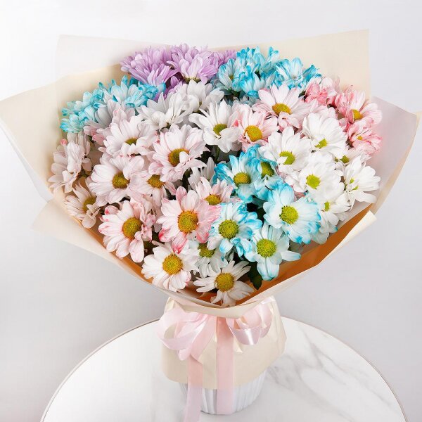 Bacardi White Spray Chrysanthemum - 3, Chrysanthemum spray Bacardi dyed blue - 3, Bacardi Pink Spray Chrysanthemum - 3, Wrapping Paper