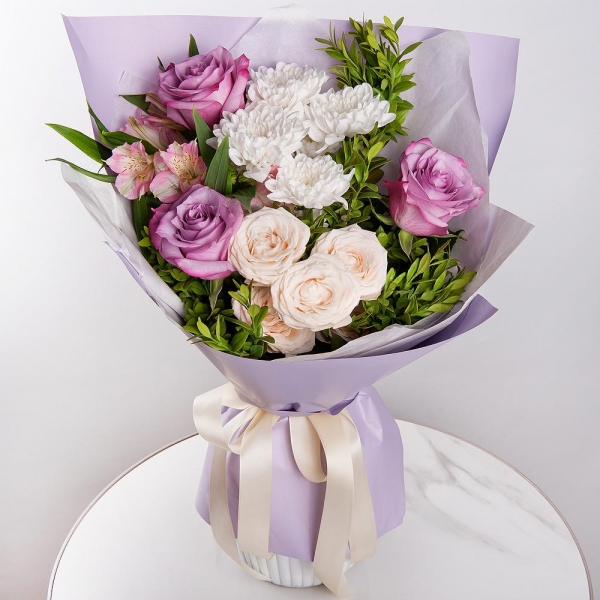 Deep Purple rose - 3, Baltica White Spray Chrysanthemum - 1, Alstromeria white, soft pink - 4, Spray rose: white, cream, light pink 50 cm - 1, Pistachio, Wrapping Paper