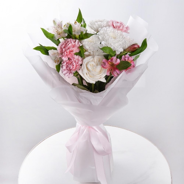 White rose 50 cm - 2, Alstromeria white, soft pink - 3, Baltica White Spray Chrysanthemum - 1, Pink carnation - 3, Wrapping Paper