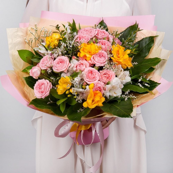 Bright pink spray rose mix, 50 cm - 3, Freesia - 5, Alstromeria white, soft pink - 6, Limonium (1 pc.), Pistachio, Fatsia (1 pc.), Wrapping Paper