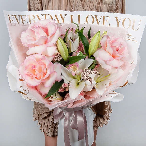 Lilies - 1, Rose Esperance - 3, Alstromeria white, soft pink - 6, Bright pink spray rose mix, 50 cm - 2, Ozotamnus, Wrapping Paper
