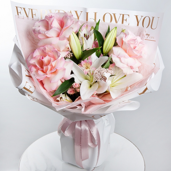 Lilies - 1, Rose Esperance - 3, Alstromeria white, soft pink - 6, Bright pink spray rose mix, 50 cm - 2, Ozotamnus, Wrapping Paper