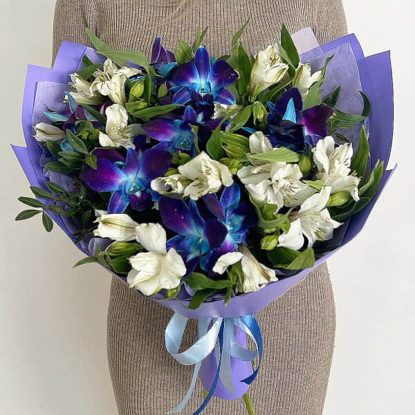 Alstromeria white, soft pink - 11, Orchid Dendrobium - 8, Flask for orchids, Pistachio, Wrapping Paper