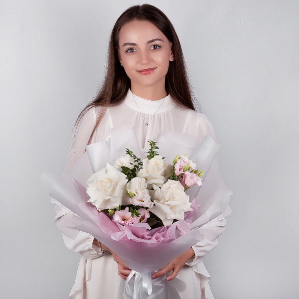 Carnation white, cream - 4, Pink Lisianthus (Eustoma) - 1, White rose 50 cm Ecuador - 5, Pistachio, Wrapping Paper