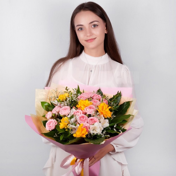 Bright pink spray rose mix, 50 cm - 5, Freesia - 6, Alstromeria white, soft pink - 7, Limonium (1 pc.), Pistachio, Fatsia (1 pc.), Wrapping Paper