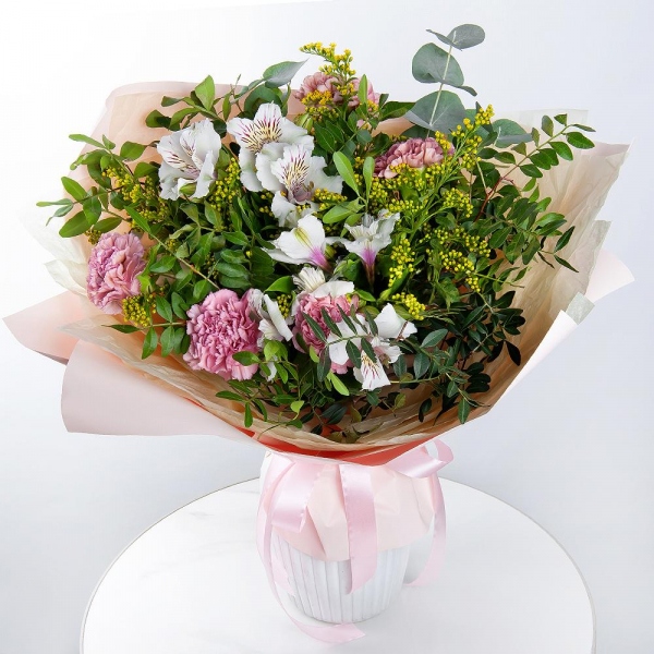 Pink carnation - 9, Alstromeria white, soft pink - 4, Solidago (1 pc.), Pistachio, Eucalyptus, Wrapping Paper